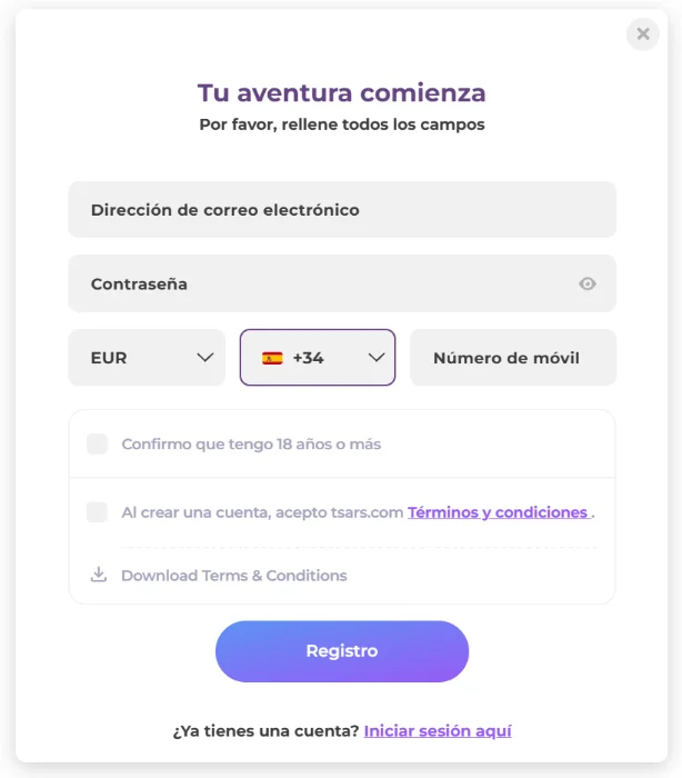 Tsars Casino Registro de Cuenta Tsars Casino formulario de registro con correo, contraseña y número de móvil